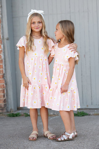 Pre-Order Girls Emma Daisy Pink Spring Flutter Sleeve Dress