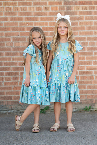 Pre-Order Girls Dainty Teal Spring Floral Willow Flutter Sleeve Dress