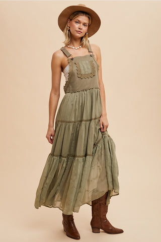 Lace Trimmed Overall Dress in Olive