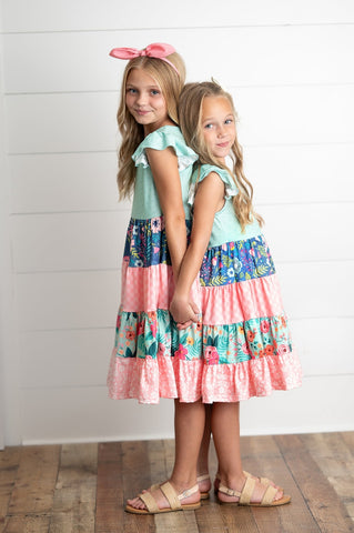 Pre-Order Girls Ava Coral and Mint Tiered Floral Dress