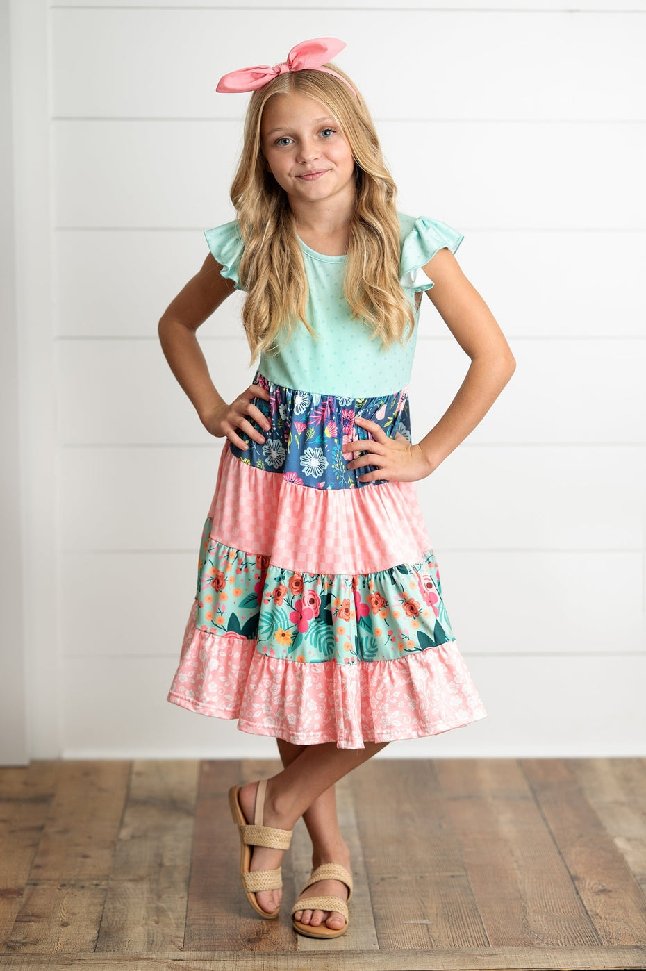 Pre-Order Girls Ava Coral and Mint Tiered Floral Dress