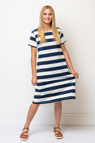 100% Cotton Striped Dress in Navy & White