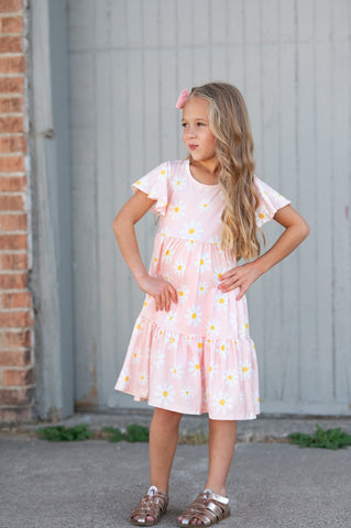 Pre-Order Girls Emma Daisy Pink Spring Flutter Sleeve Dress