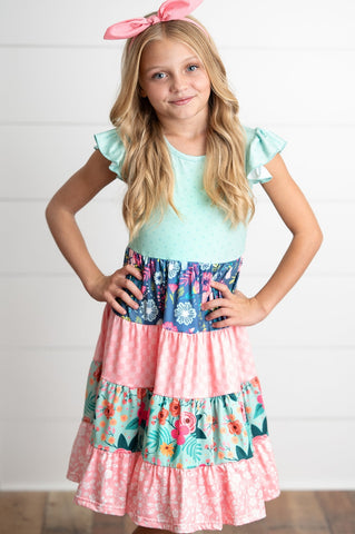 Pre-Order Girls Ava Coral and Mint Tiered Floral Dress