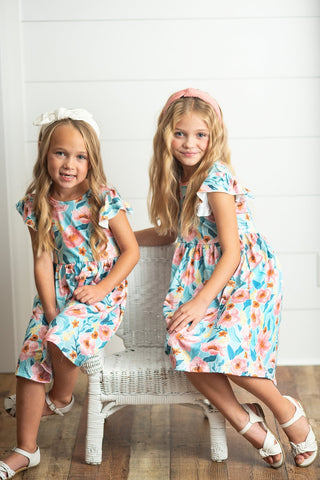 Pre-Order Girls Claire Teal and Pink Floral Dress