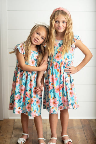 Pre-Order Girls Claire Teal and Pink Floral Dress