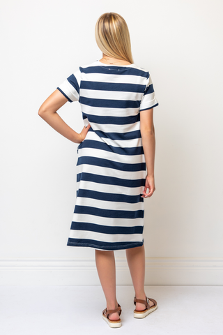 100% Cotton Striped Dress in Navy & White