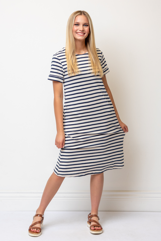 100% Cotton Striped Dress In Beige & Navy