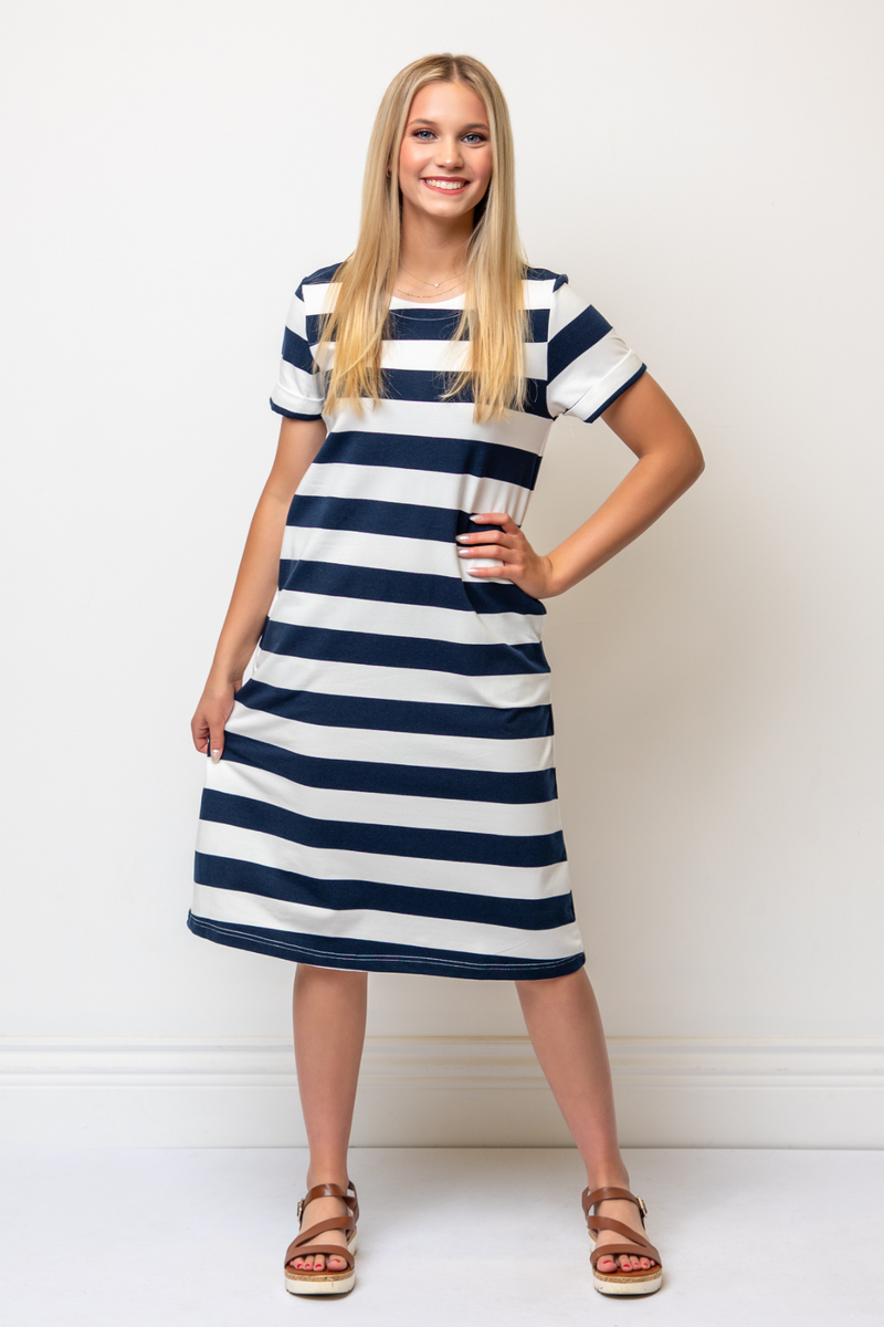 100% Cotton Striped Dress in Navy & White