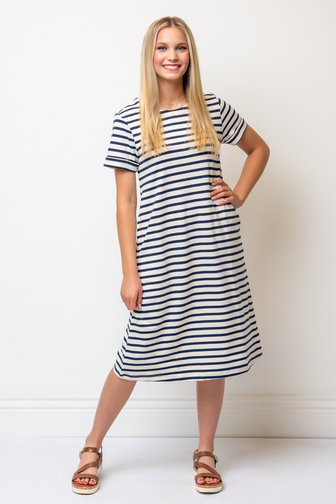 100% Cotton Striped Dress In Beige & Navy