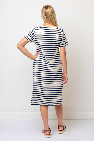 100% Cotton Striped Dress In Beige & Navy