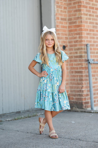 Pre-Order Girls Dainty Teal Spring Floral Willow Flutter Sleeve Dress