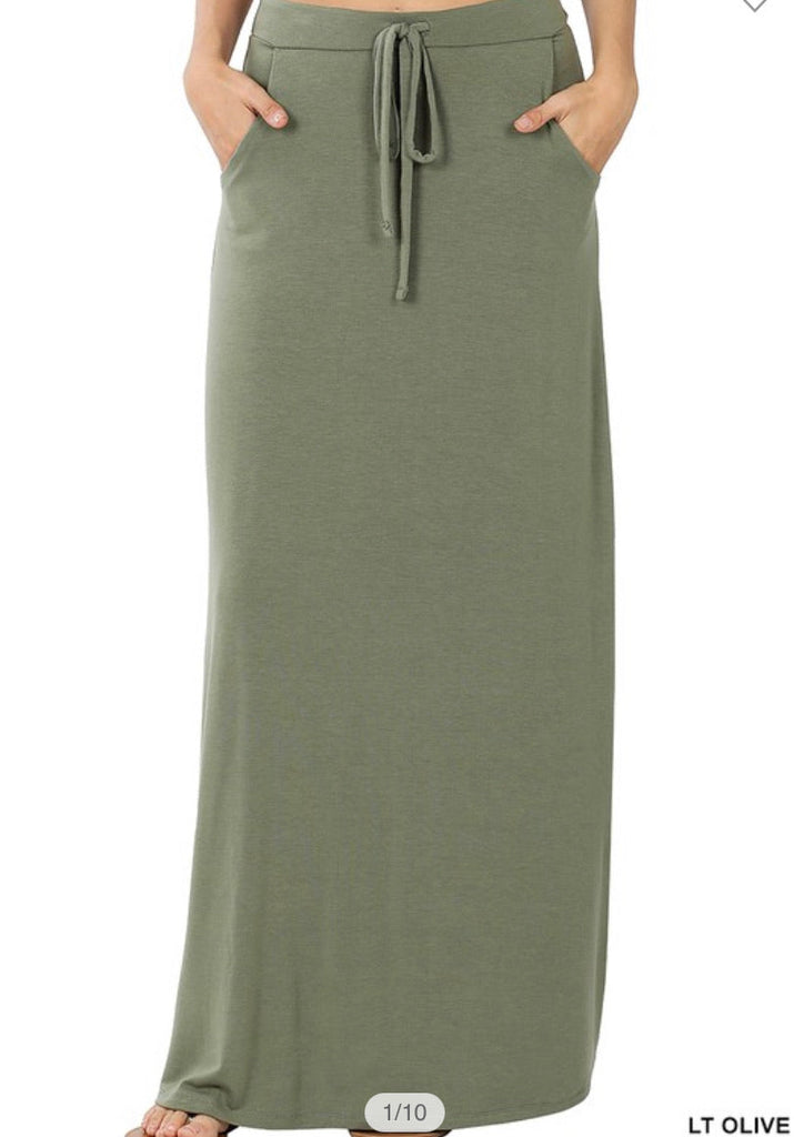 Plus Size Light Olive Drawstring Maxi Skirts