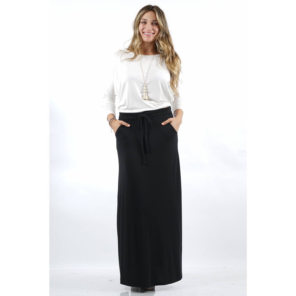 Black Maxi Length Drawstring Skirt