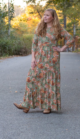 Size Medium Round Neck Retro Blooms Tiered Nursing Friendly Dress