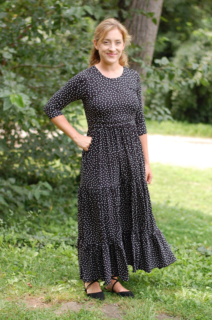 Customizable Black Polka Dot Tiered Nursing Friendly Dress