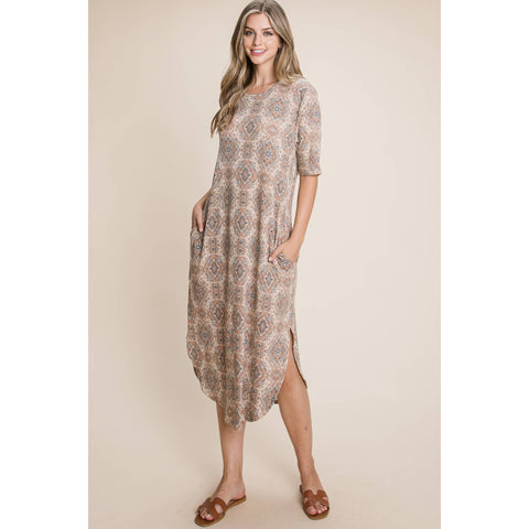 Taupe Aztec Print Midi Length Dress