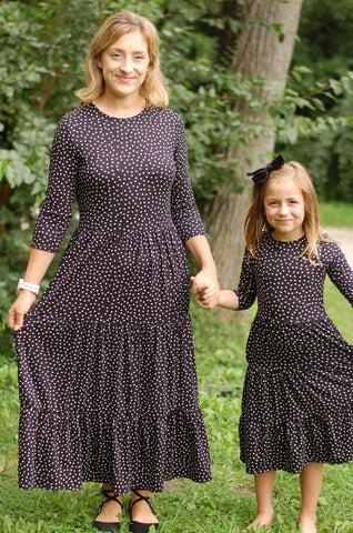 Ladies Black Polka Dot Tiered Comfy Dress