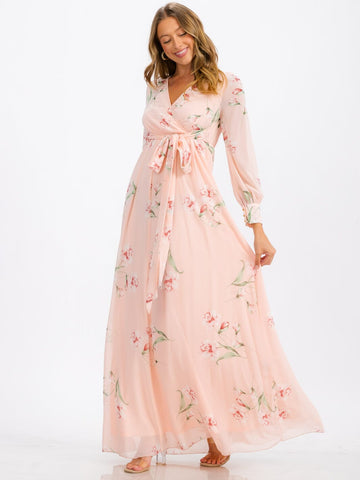 Peach Floral Maxi Dress with Sash