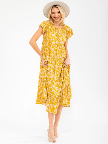 Yellow Floral Smocked Neck Dress