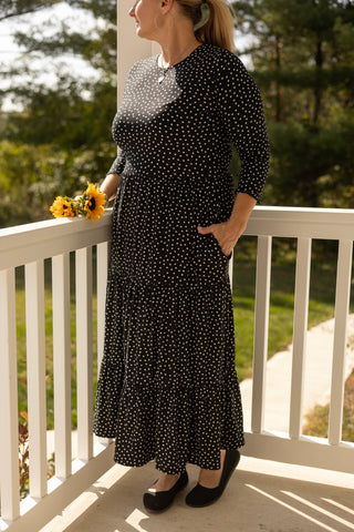 Ladies Black Polka Dot Tiered Comfy Dress