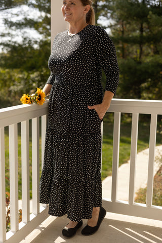 Ladies Black Polka Dot Tiered Comfy Dress