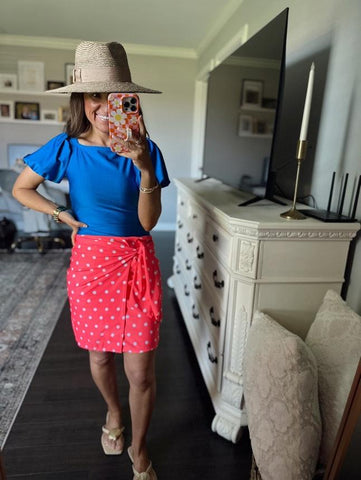 Coral Polka Dot Faux Wrap Style Swim Skirt with Built-in Shorts