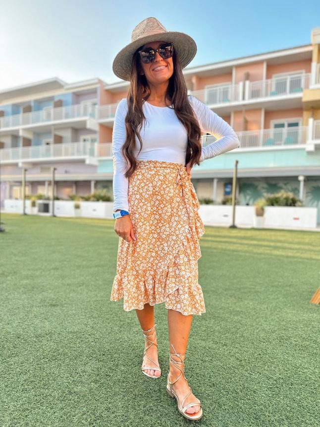 Yellow & White Floral Faux Wrap Ruffle Skirt with Built in Shorts