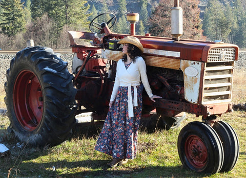 Antique Floral Prarie Style Maxi Dress with Natural Waist Bodice Non-Nursing