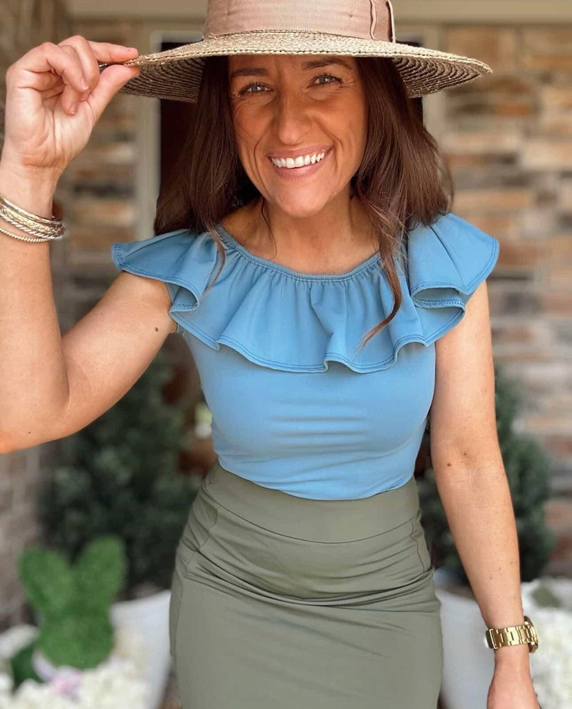 Blue Ruffle Neck Swim Top (Top only No Built in Bra)