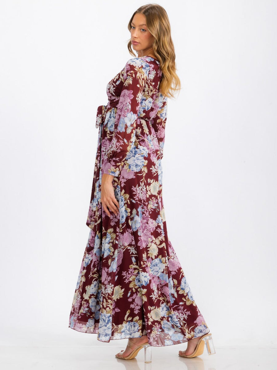 Burgundy Floral Maxi Dress with Sash The Skirt Lady