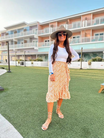 Yellow & White Floral Faux Wrap Ruffle Skirt with Built in Shorts