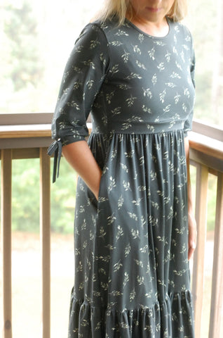 Pre-Order Olive Branch Nursing Friendly Cotton Tiered Midi Dress in Dark Green