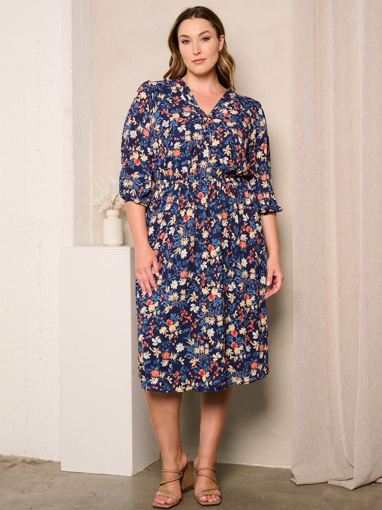 Plus Size 3/4 Sleeve Navy Floral Midi Dress