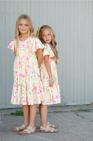 Pre-Order Girls Dainty Spring Floral Willow Flutter Sleeve Dress