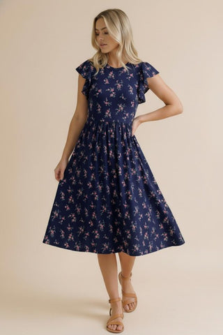 Ruffle Sleeve Ditsy Floral Midi Dress