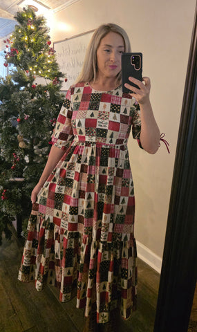 Pre-Order Holiday Patchwork Cotton Tiered Midi Dress