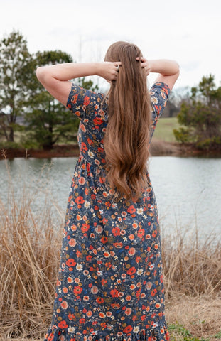 Antique Floral Prarie Style Maxi Dress with Natural Waist Bodice Non-Nursing