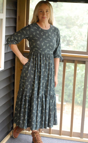 Pre-Order Olive Branch Nursing Friendly Cotton Tiered Midi Dress in Dark Green