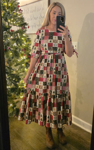 Pre-Order Holiday Patchwork Cotton Tiered Midi Dress
