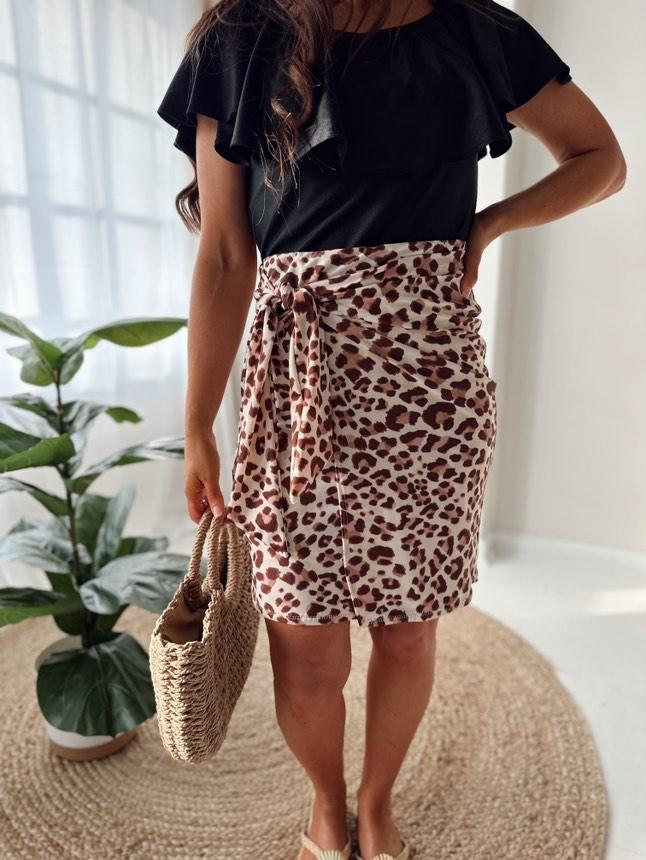 Beige Leopard Wrap Style Swim Skirt with Built-in Shorts