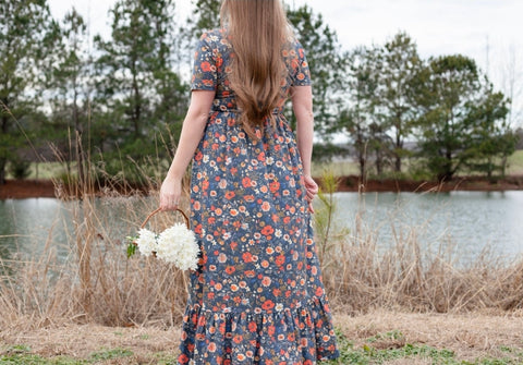 Antique Floral Prarie Style Maxi Dress with Natural Waist Bodice Non-Nursing