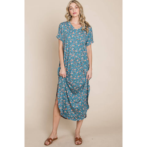 Blue Floral Midi Length Dress