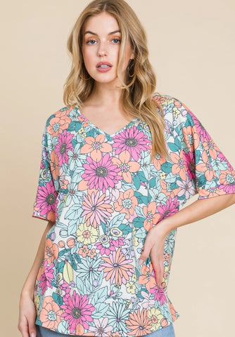 Floral V-Neck Oversized Comfy Top