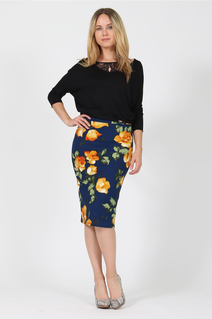 Floral Pencil Skirt in Navy