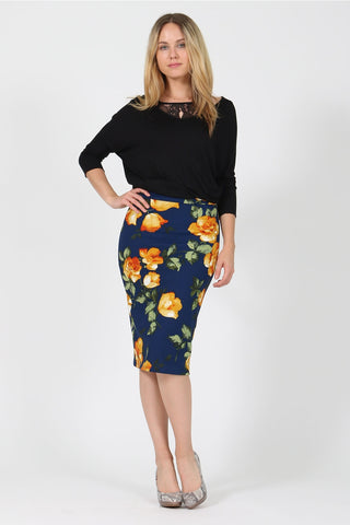 Floral Pencil Skirt in Navy