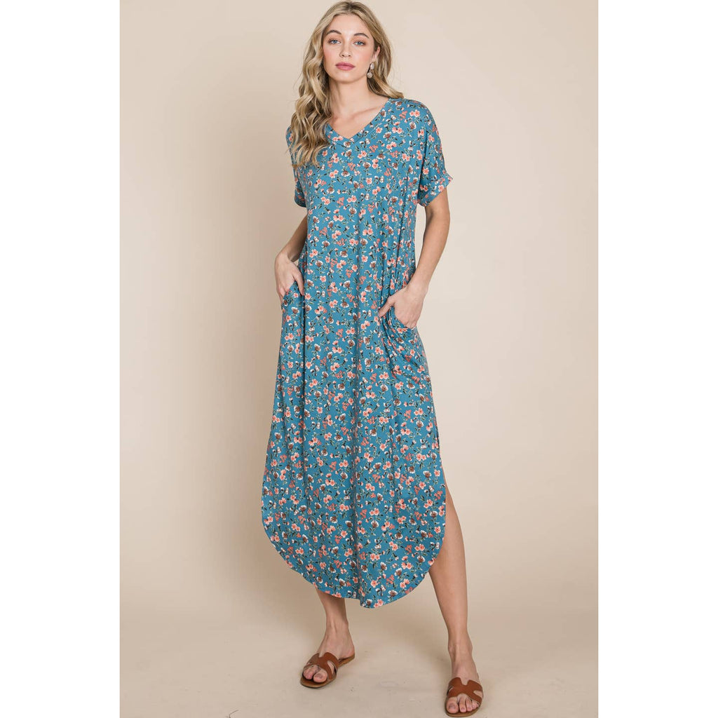 Blue Floral Midi Length Dress