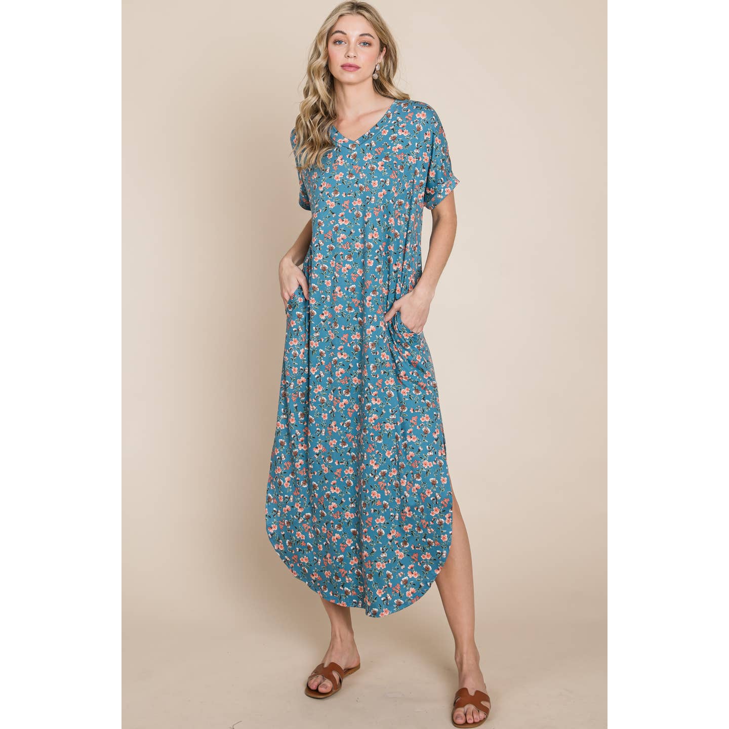 Blue Floral Midi Length Dress