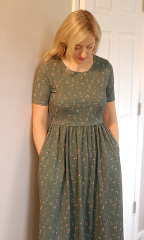 Pre-Order Forest Blooms Cotton Midi Dress Natural Waist Bodice