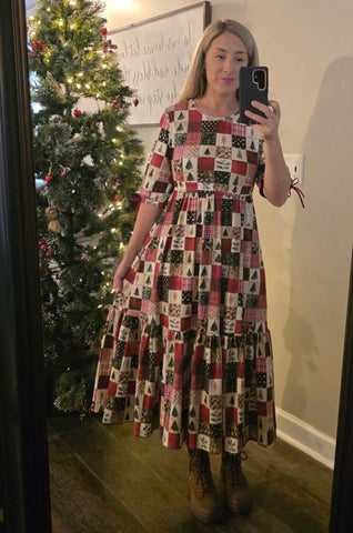 Pre-Order Holiday Patchwork Cotton Tiered Midi Dress